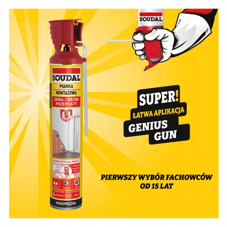 Pianka montażowa Soudal z aplikatorem Genius Gun 770ml nie wymaga pistoletu