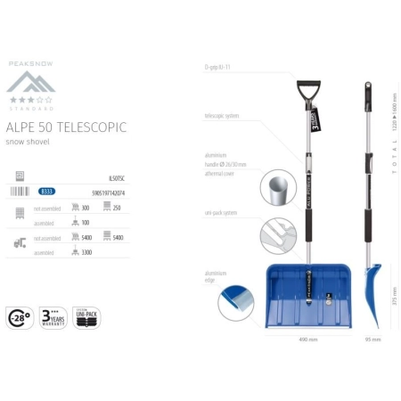 PROSPERPLAST ŁOPATA DO ŚNIEGU ALPE 50 TRZON ALUMINIUM TELESKOPOWA 49x160 cm — zestaw 10 szt.