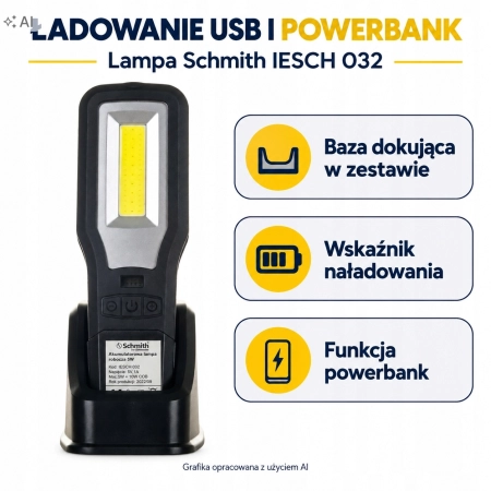Lampa warsztatowa LED akumulatorowa Schmith magnes USB powerbank IESCH 032