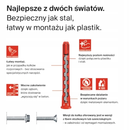 Fischer kołek rozporowy fi 10 + wkręt HybridPower 90 mm płaski mocownaia TV