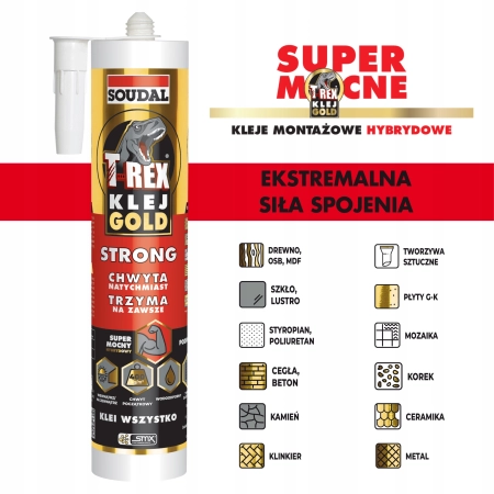 Klej montażowy uniwersalny Soudal T-REX GOLD STRONG 290 ml hybrydowy biały — zestaw 2 szt.