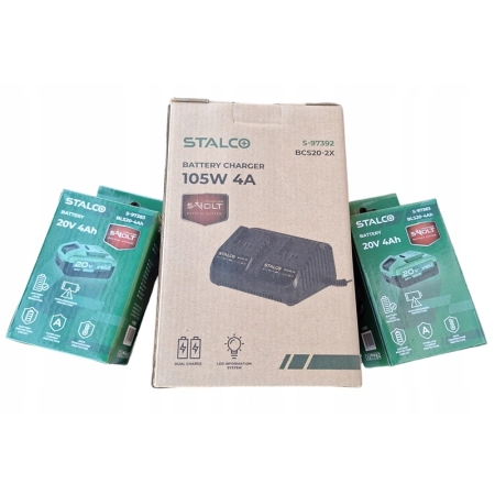 STALCO ŁADOWARKA AKUMULATORÓW BATERII + 2X AKUMULATOR 20 V 4 Ah S-VOLT — zestaw 3 produktów