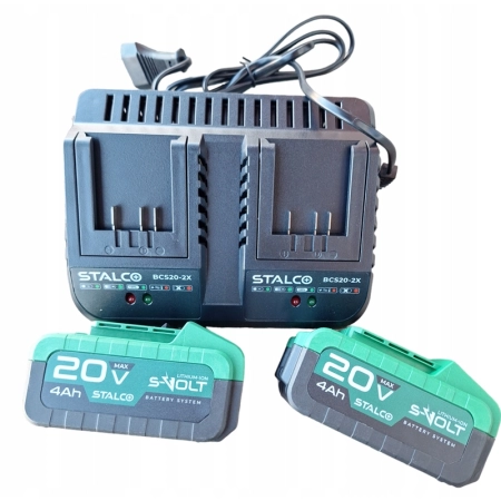 STALCO ŁADOWARKA AKUMULATORÓW BATERII + 2X AKUMULATOR 20 V 4 Ah S-VOLT — zestaw 3 produktów