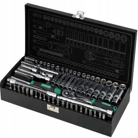 STALCO ZESTAW KLUCZY NASADOWYCH Z GRZECHOTKĄ 1/4” 67 ELEMENTÓW METALOWY BOX