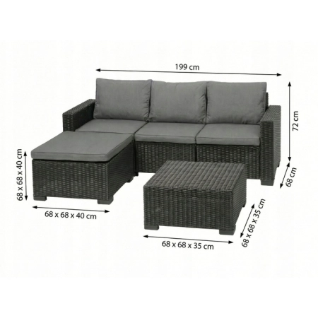 KETER CALIFORNIA LONGUE SOFA 3 OSOBOWA STOLIK + PODNÓŻEK MEBLE OGRODOWE